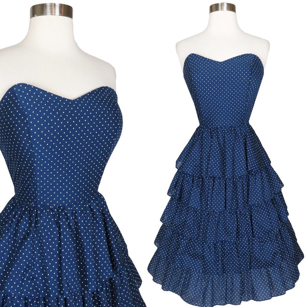 Vintage 80s 50s Navy Polka Dot Strapless Tiered Full Skirt Prom Party Dress S